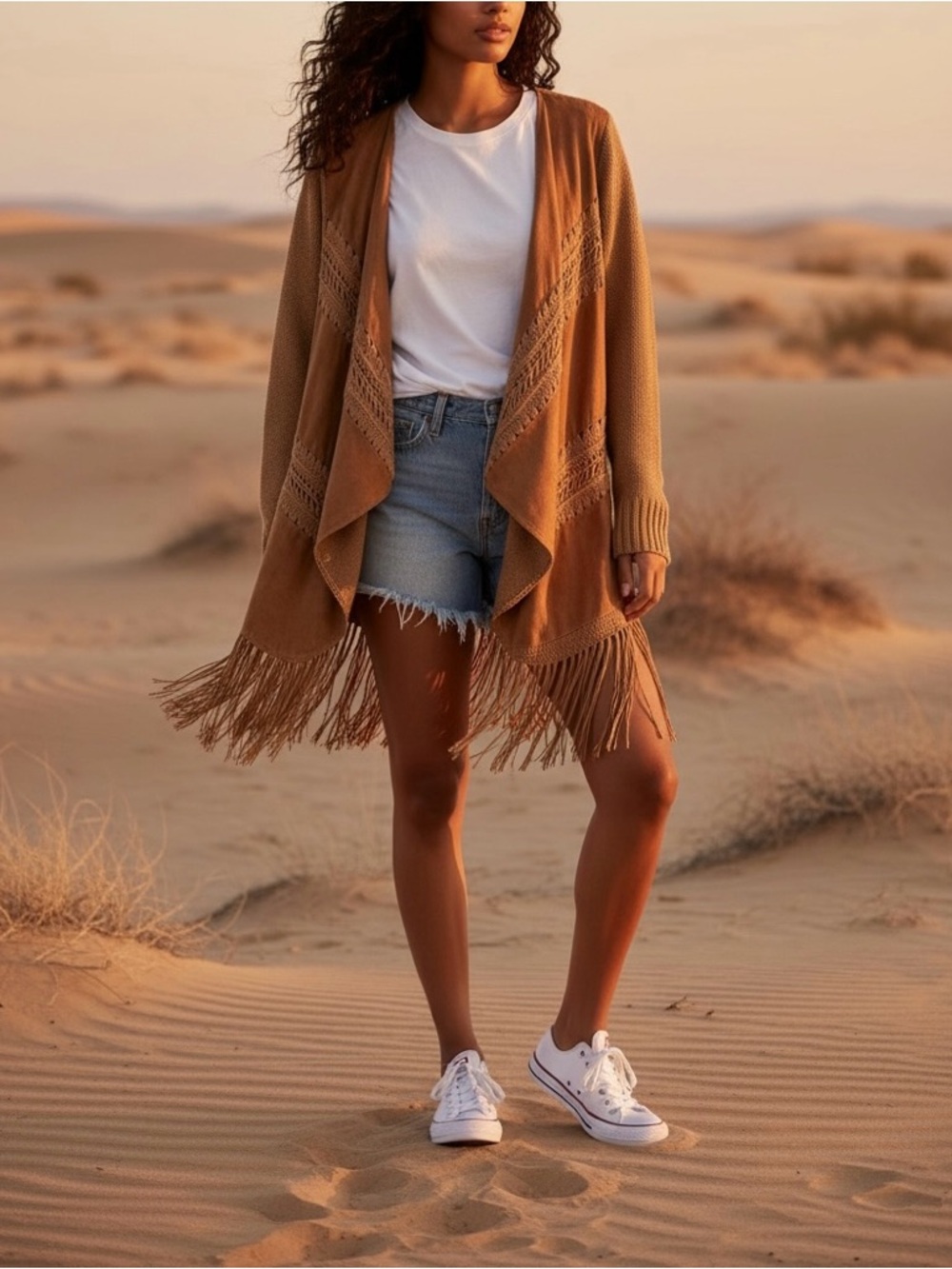 Venus Fringe Open Front Cardigan Sweater Faux Suede Boho Western Camel Size L